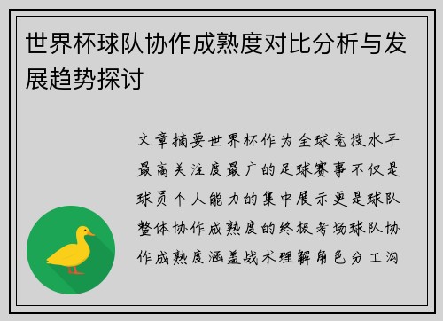 世界杯球队协作成熟度对比分析与发展趋势探讨