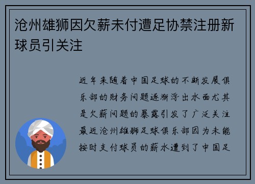 沧州雄狮因欠薪未付遭足协禁注册新球员引关注